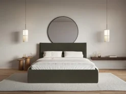 Łóżko tapicerowane 200x200 cm Softie Slim z pojemnikiem ciemnozielone welur hydrofobowy stelaż metalowy