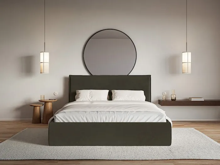 Łóżko tapicerowane 200x200 cm Softie Slim z pojemnikiem ciemnozielone welur hydrofobowy stelaż metalowy
