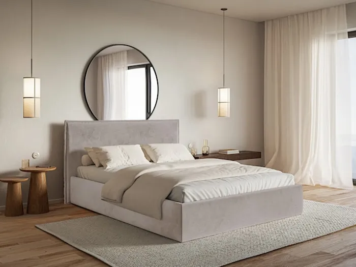 Łóżko tapicerowane 200x200 cm Softie Slim z pojemnikiem szarobrązowe welur hydrofobowy stelaż metalowy
