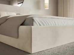 Łóżko tapicerowane 200x200 cm Softie Slim z pojemnikiem beżowe welur hydrofobowy stelaż metalowy