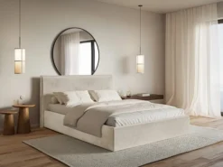 Łóżko tapicerowane 200x200 cm Softie Slim z pojemnikiem beżowe welur hydrofobowy stelaż metalowy