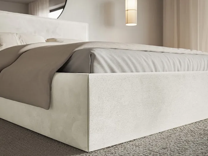 Łóżko tapicerowane 200x200 cm Softie Slim z pojemnikiem szarobeżowe welur hydrofobowy stelaż metalowy