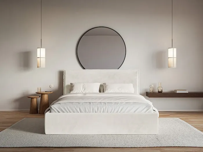 Łóżko tapicerowane 200x200 cm Softie Slim z pojemnikiem szarobeżowe welur hydrofobowy stelaż metalowy