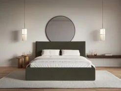 Łóżko tapicerowane 140x200 cm Softie z pojemnikiem ciemnozielone welur hydrofobowy stelaż metalowy
