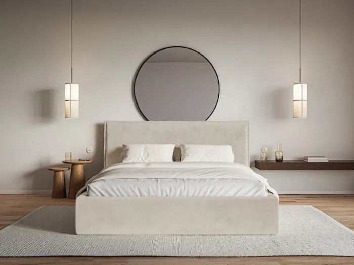 Łóżko tapicerowane 140x200 cm Softie z pojemnikiem beżowe welur hydrofobowy stelaż metalowy