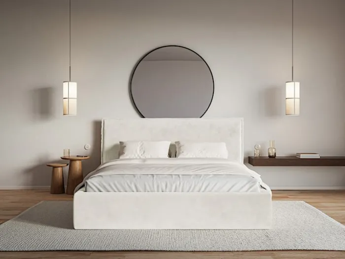 Łóżko tapicerowane 180x200 cm Softie z pojemnikiem szarobeżowe welur hydrofobowy stelaż metalowy