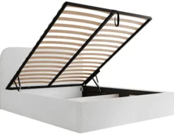 Łóżko tapicerowane 180x200 cm Sonvivo z pojemnikiem na pościel białe boucle stelaż metalowy