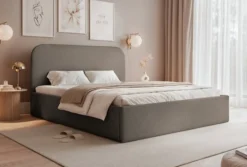 Łóżko tapicerowane 180x200 cm Sonvivo z pojemnikiem na pościel jasnobrązowe szenil stelaż metalowy