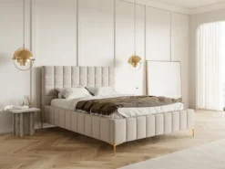 Łóżko tapicerowane 140x200 cm Szejlo z pojemnikiem stelaż metalowy szarobeżowe szenil