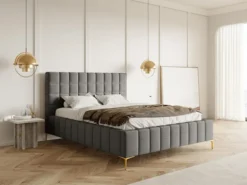 Łóżko tapicerowane 160x200 cm Szejlo z pojemnikiem stelaż metalowy szare szenil