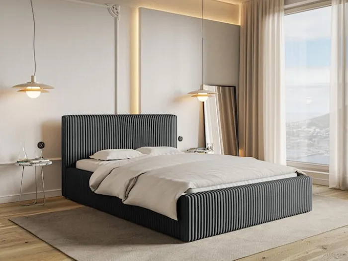 Łóżko tapicerowane 160x200 cm Tilio z pojemnikiem stelaż metalowy szare gruby sztruks