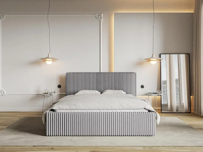 Łóżko tapicerowane 180x200 cm Tilio z pojemnikiem stelaż metalowy jasnoszare gruby sztruks