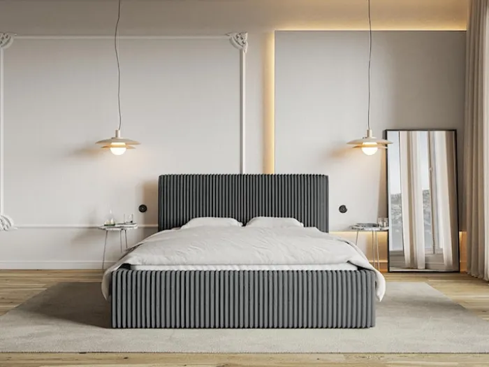 Łóżko tapicerowane 180x200 cm Tilio z pojemnikiem stelaż metalowy szare gruby sztruks