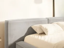 Łóżko tapicerowane 200x200 cm Tilves Low z pojemnikiem stelaż metalowy szarobeżowe welur