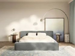 Łóżko tapicerowane 200x200 cm Tilves Low z pojemnikiem stelaż metalowy szare welur