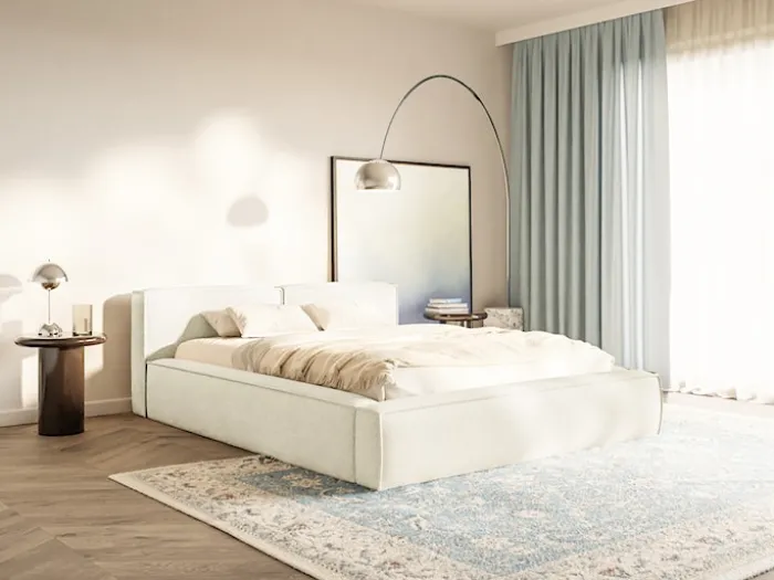 Łóżko tapicerowane 160x200 cm Tilves Slim z pojemnikiem stelaż metalowy kremowe szenil