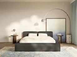 Łóżko tapicerowane 180x200 cm Tilves Slim z pojemnikiem stelaż metalowy grafitowe szenil