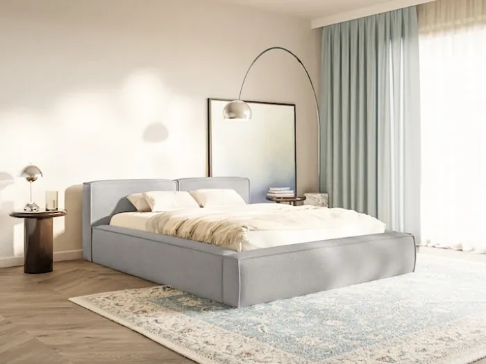 Łóżko tapicerowane 180x200 cm Tilves Slim z pojemnikiem stelaż metalowy jasnoszare szenil