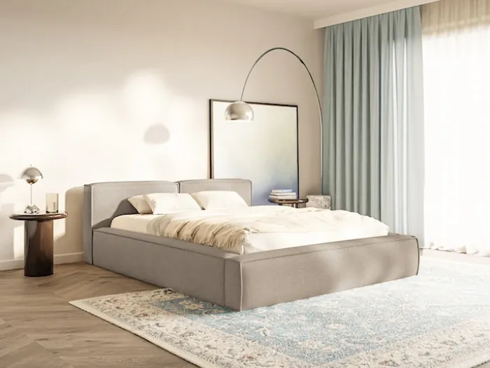 Łóżko tapicerowane 180x200 cm Tilves Slim z pojemnikiem stelaż metalowy beżowe szenil