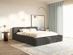 Łóżko tapicerowane 200x200 cm Tilves Slim z pojemnikiem stelaż metalowy grafitowe szenil