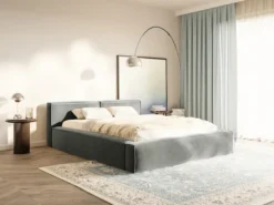 Łóżko tapicerowane 140x200 cm Tilves Slim z pojemnikiem stelaż metalowy szare welur