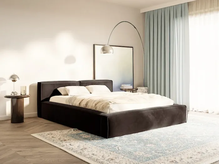 Łóżko tapicerowane 180x200 cm Tilves Slim z pojemnikiem stelaż metalowy brązowe welur
