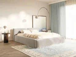 Łóżko tapicerowane 200x200 cm Tilves Slim z pojemnikiem stelaż metalowy szarobeżowe welur