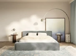 Łóżko tapicerowane 200x200 cm Tilves Slim z pojemnikiem stelaż metalowy szare welur