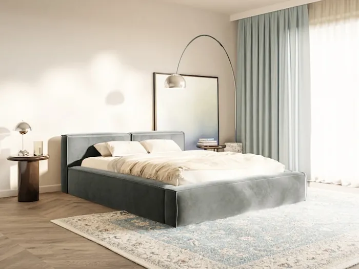 Łóżko tapicerowane 200x200 cm Tilves Slim z pojemnikiem stelaż metalowy szare welur