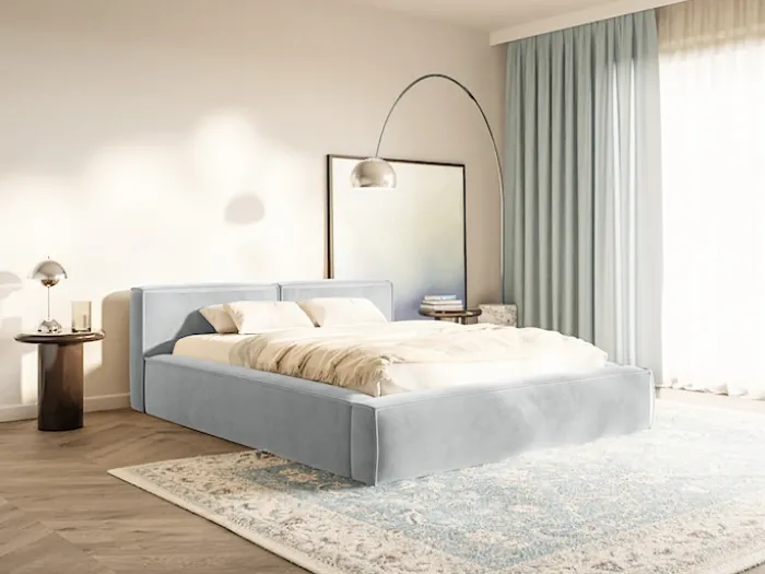 Łóżko tapicerowane 200x200 cm Tilves Slim z pojemnikiem stelaż metalowy jasnoszare welur