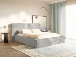 Łóżko tapicerowane 200x200 cm Tilves z pojemnikiem stelaż metalowy jasnoszare szenil