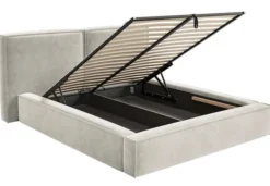 Łóżko tapicerowane 200x200 cm Tilves z pojemnikiem stelaż metalowy szarobeżowe welur