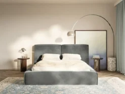 Łóżko tapicerowane 200x200 cm Tilves z pojemnikiem stelaż metalowy szare welur