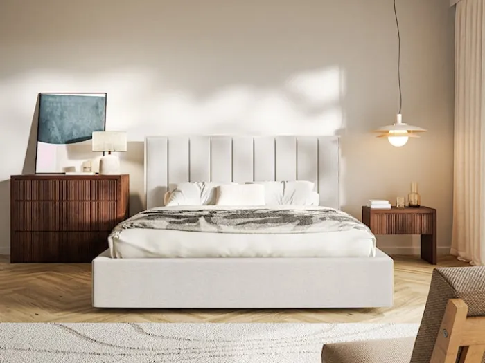 Łóżko tapicerowane 180x200 cm Togents jasnobeżowe szenil hydrofobowy