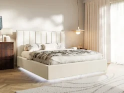 Łóżko tapicerowane 160x200 cm Togents z oświetleniem LED kremowe welur hydrofobowy