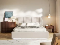 Łóżko tapicerowane 160x200 cm Togents z oświetleniem LED beżowe szenil hydrofobowy