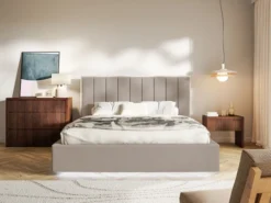 Łóżko tapicerowane 180x200 cm Togents z oświetleniem LED brązowe szenil hydrofobowy