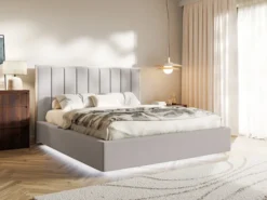 Łóżko tapicerowane 180x200 cm Togents z oświetleniem LED szarobeżowe szenil hydrofobowy