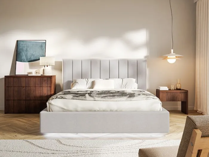 Łóżko tapicerowane 180x200 cm Togents z oświetleniem LED szarobeżowe szenil hydrofobowy