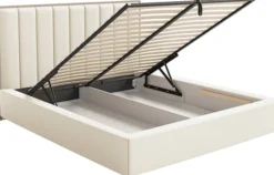 Łóżko tapicerowane 140x200 cm Togents z pojemnikiem i oświetleniem LED stelaż metalowy kremowe welur hydrofobowy