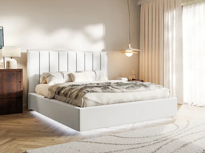 Łóżko tapicerowane 160x200 cm Togents z pojemnikiem i oświetleniem LED stelaż metalowy białe welur hydrofobowy