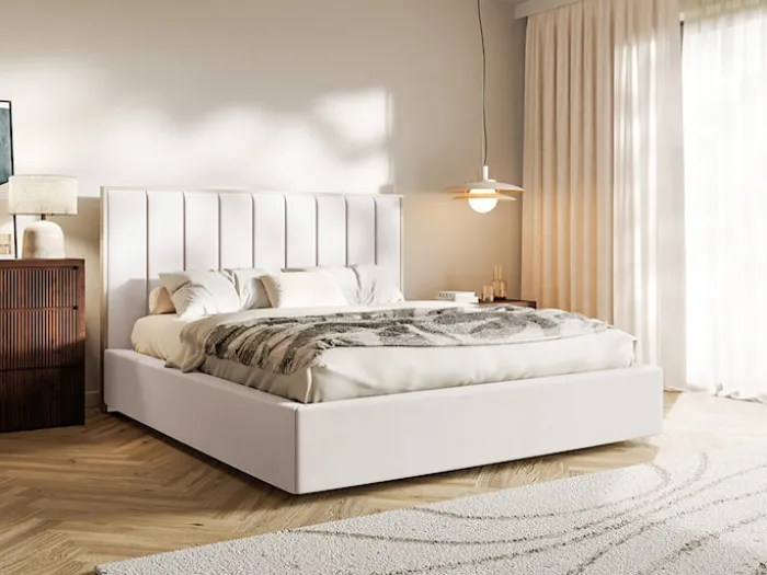 Łóżko tapicerowane 160x200 cm Togents z pojemnikiem stelaż metalowy kremowe welur hydrofobowy