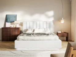 Łóżko tapicerowane 180x200 cm Togents z pojemnikiem i oświetleniem LED stelaż metalowy białe welur hydrofobowy
