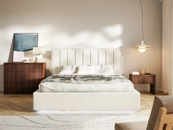 Łóżko tapicerowane 180x200 cm Togents z pojemnikiem i oświetleniem LED stelaż metalowy kremowe welur hydrofobowy