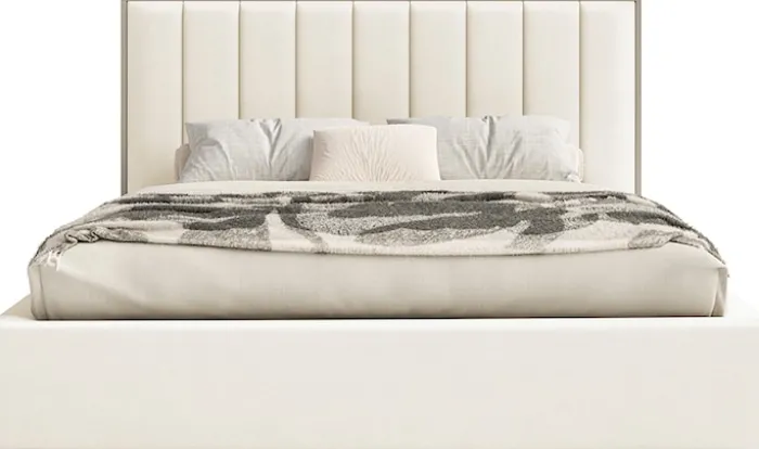 Łóżko tapicerowane 180x200 cm Togents z pojemnikiem i oświetleniem LED stelaż metalowy kremowe welur hydrofobowy