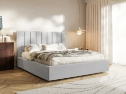 Łóżko tapicerowane 180x200 cm Togents z pojemnikiem stelaż metalowy jasnoszare welur hydrofobowy
