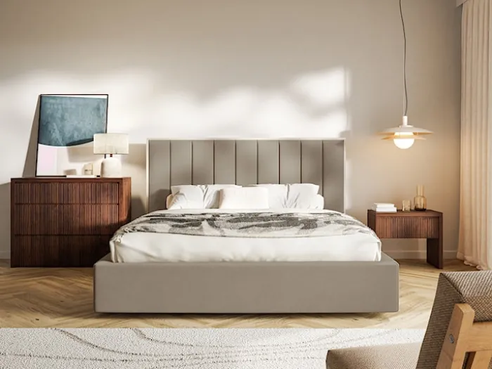 Łóżko tapicerowane 180x200 cm Togents z pojemnikiem stelaż metalowy brązowe welur hydrofobowy