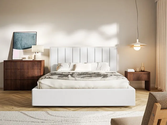 Łóżko tapicerowane 180x200 cm Togents z pojemnikiem stelaż metalowy białe welur hydrofobowy