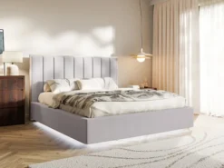 Łóżko tapicerowane 160x200 cm Togents z pojemnikiem i oświetleniem LED stelaż metalowy szare szenil hydrofobowy