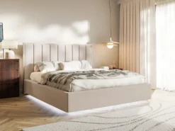 Łóżko tapicerowane 160x200 cm Togents z pojemnikiem i oświetleniem LED stelaż metalowy beżowe szenil hydrofobowy